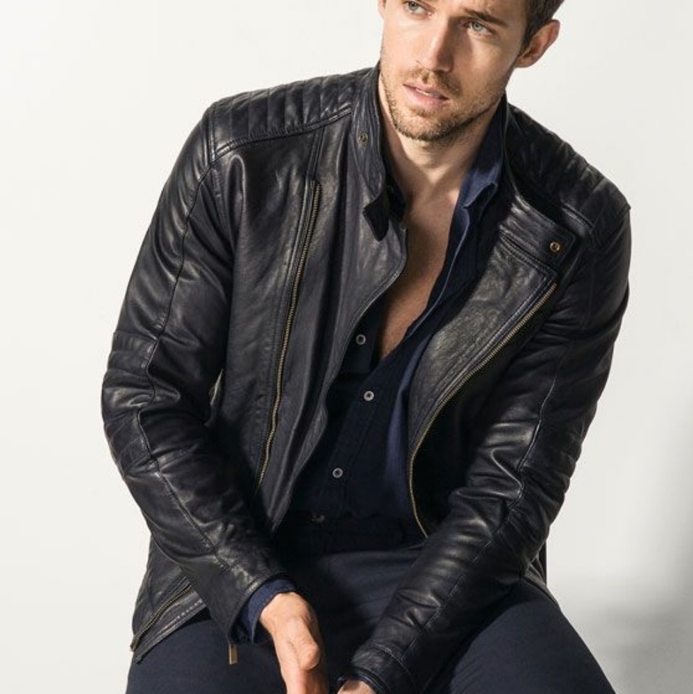 Massimo Dutti Blue Leather Napa Biker Jacket